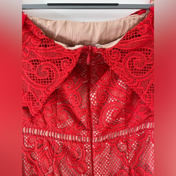 STYLESTALKER Stella Midi Dress off shoulder lace back zip slit red size M - Picture 6 of 11